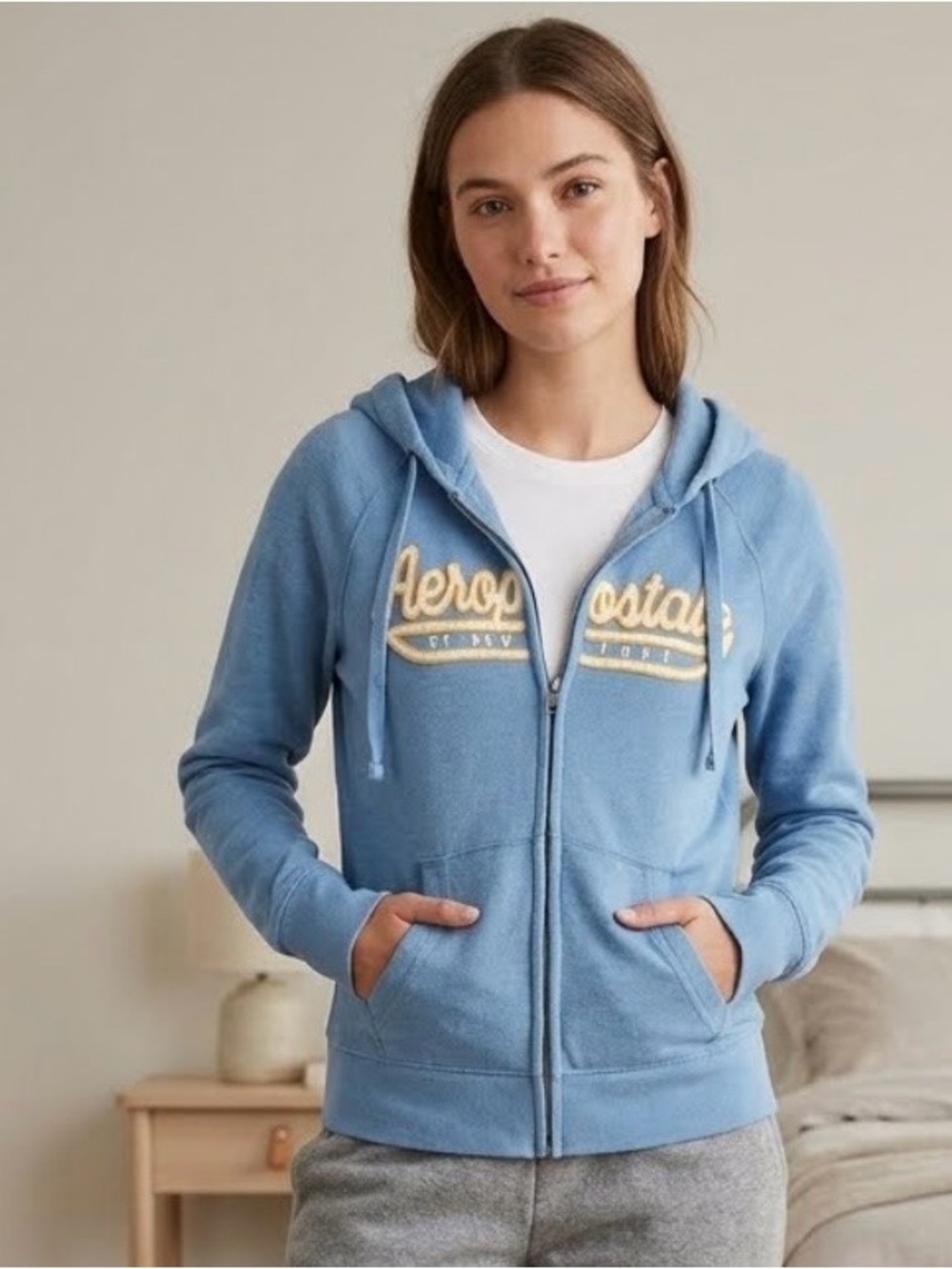 Aeropostale Light Blue Full-Zip Hooded Sweatshirt with Script Patch